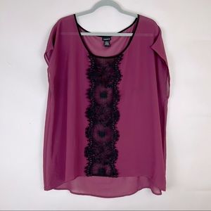 TORRID sheer Cabernet color sleeveless blouse with black embroidery Torr…